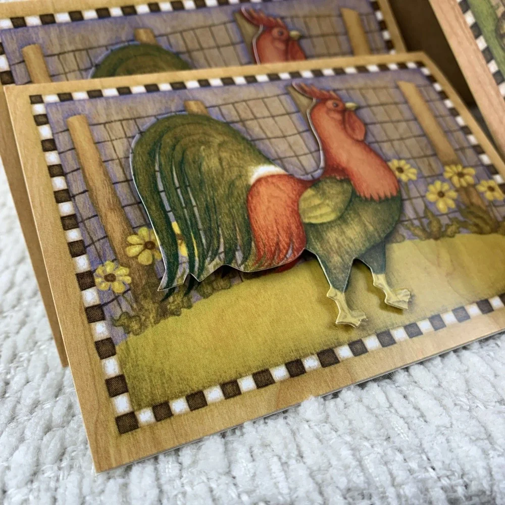 VTG 2003‎ BETH LOGAN Wooden Box With 3D Notecards Farm Cow Barn Rooster Daisies
